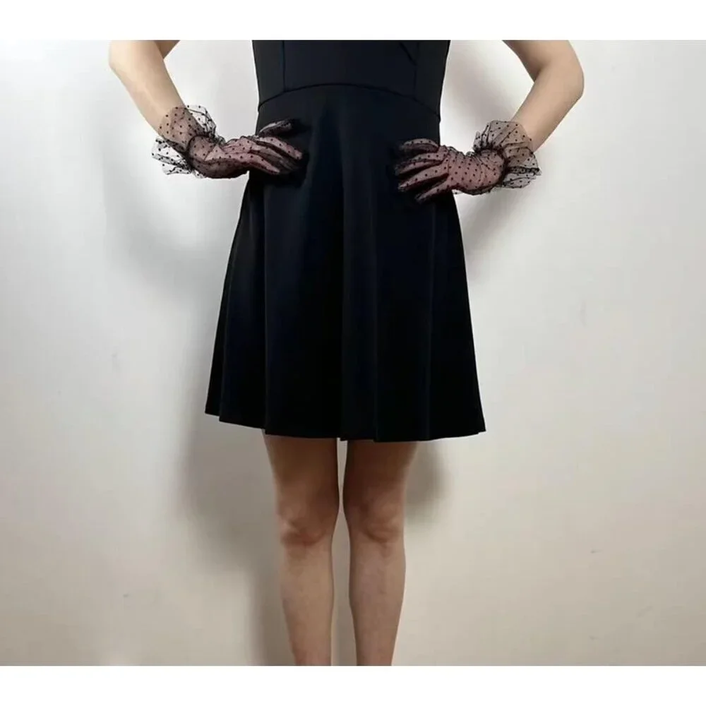 Women's Vintage Black Dots Mesh Tulle Short Lace Gloves Semi Sheer Party Costume